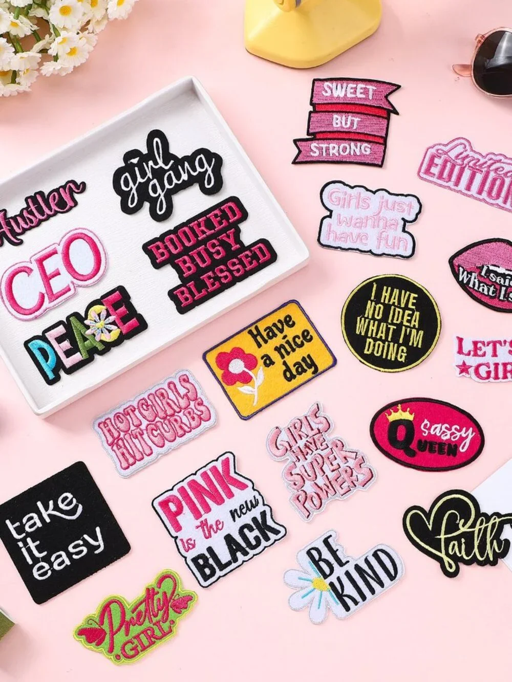 Lyrow 20 Pcs Phrase Iron on Patches Hot Pink Patches for Hats Girls Power Embroi